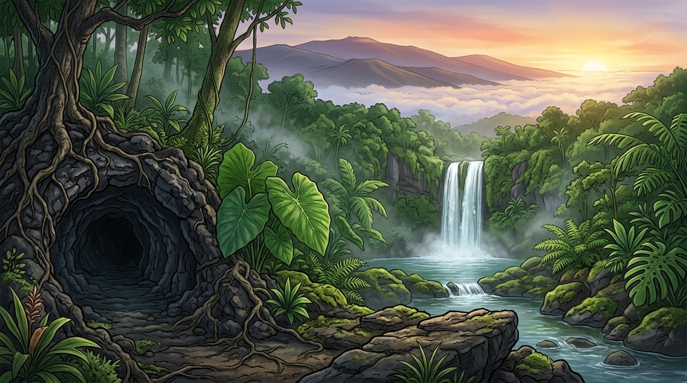 A tropical waterfall and lava cave surrounded by rainforest, with Mauna Kea glowing at sunset in the distance.