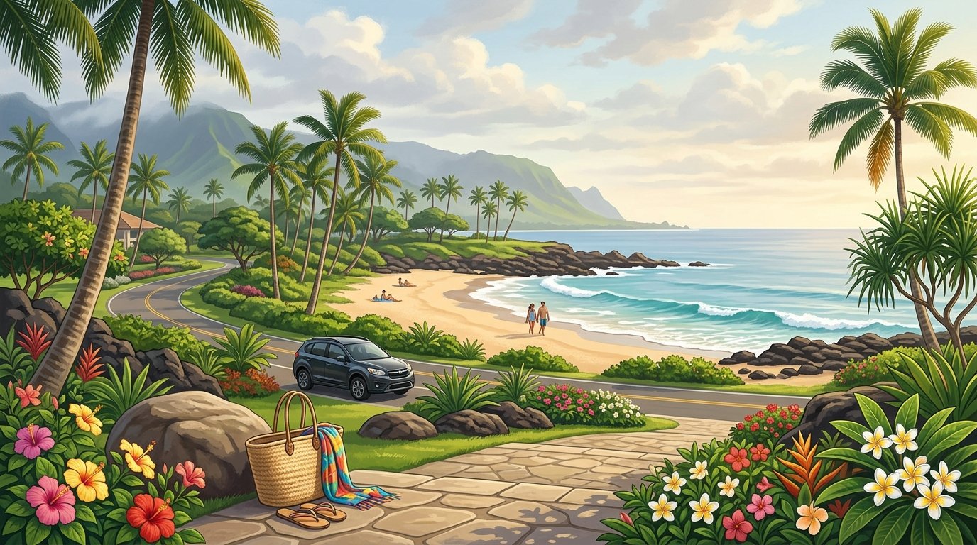 A tropical Poipu shoreline with a sandy beach, palm trees, turquoise ocean, volcanic rocks, and green mountain slopes.
