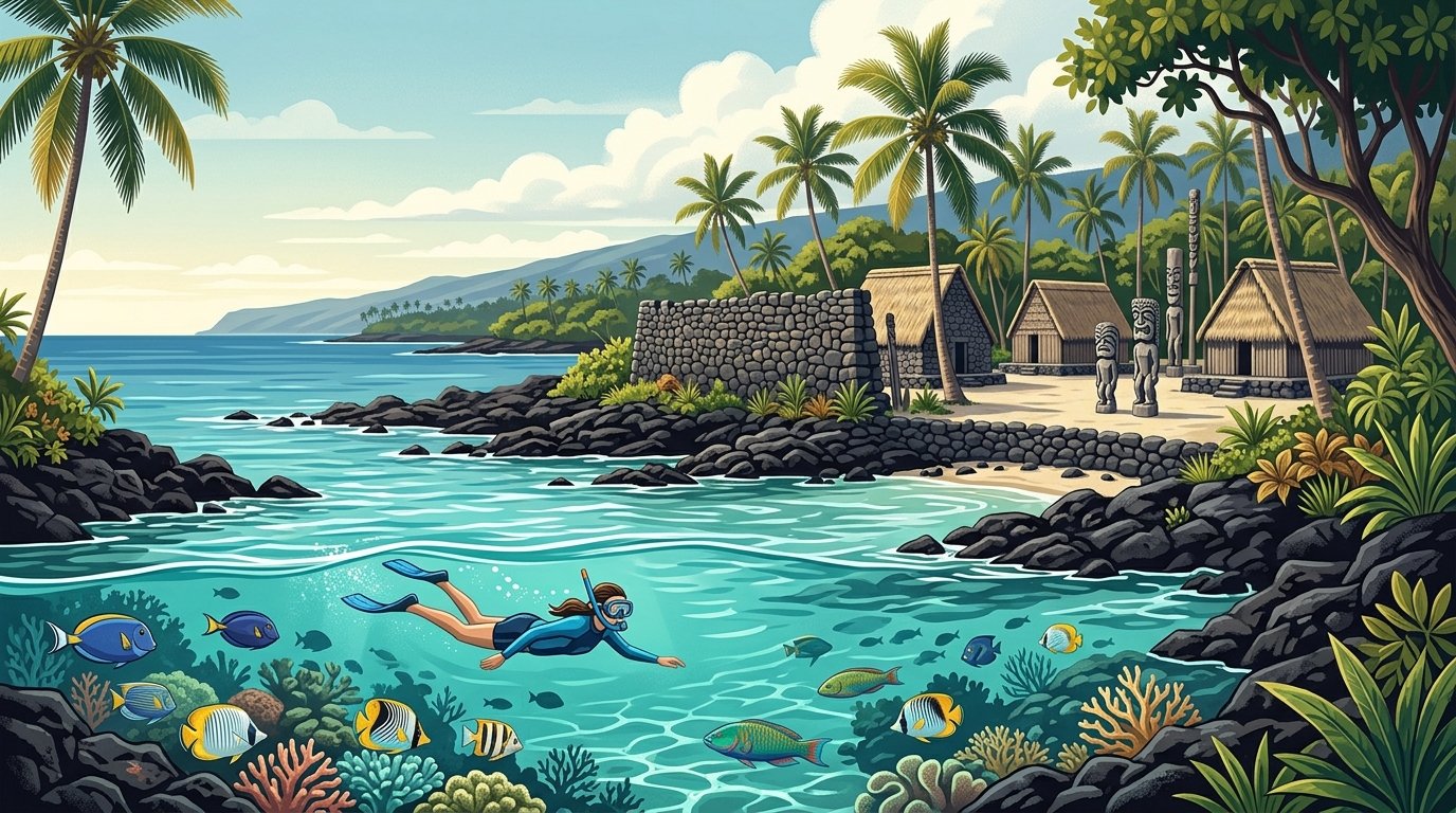 A snorkeler explores clear turquoise water along Hawaii’s Kona Coast near a historic stone refuge surrounded by palms and volcanic rocks.