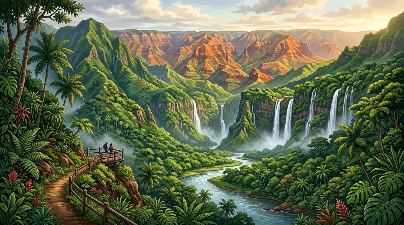 A lush Kauai landscape with the Wailua River, cascading waterfalls, and the red cliffs of Waimea Canyon.