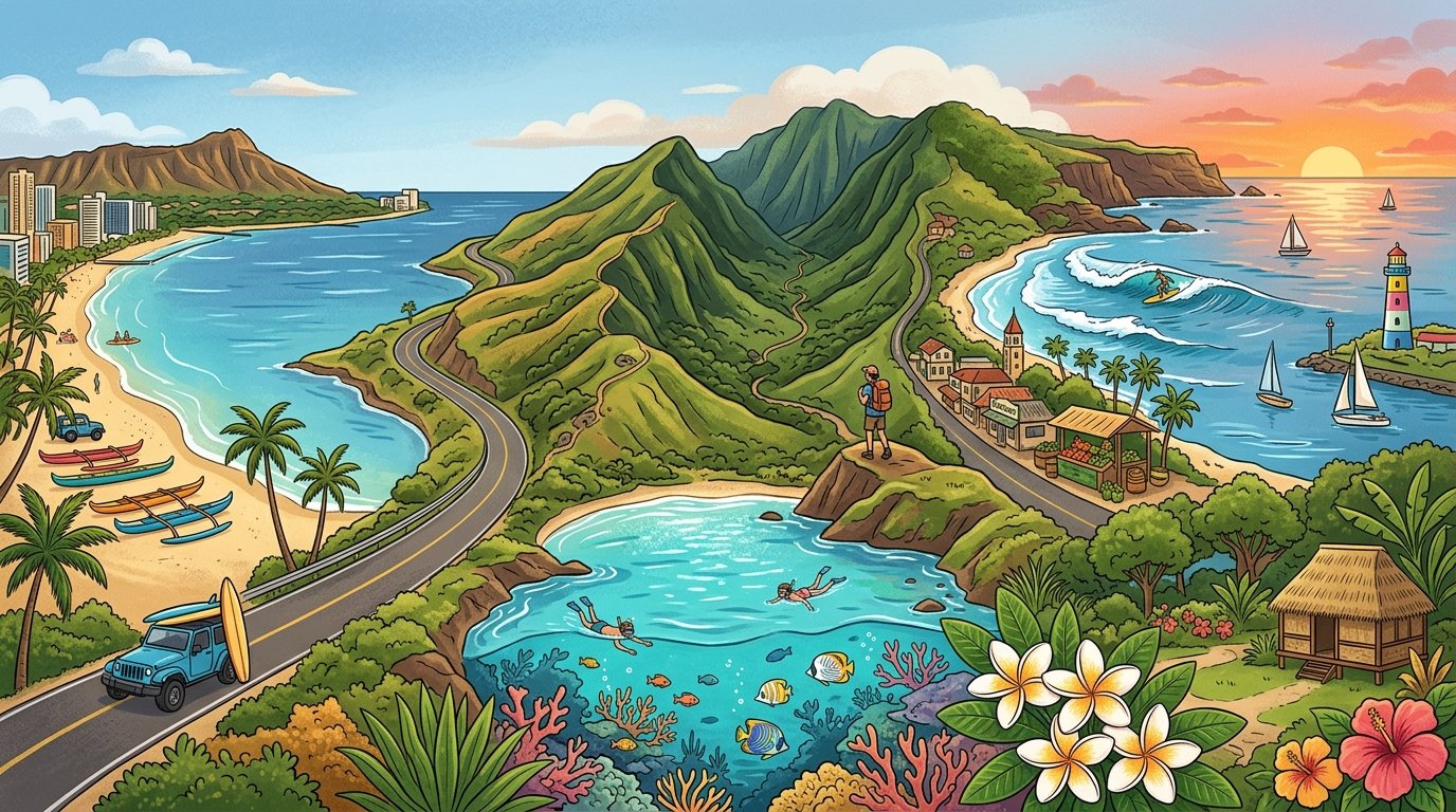 A tropical illustration showing Oahu beaches, mountains, coastal scenery, and island activities.