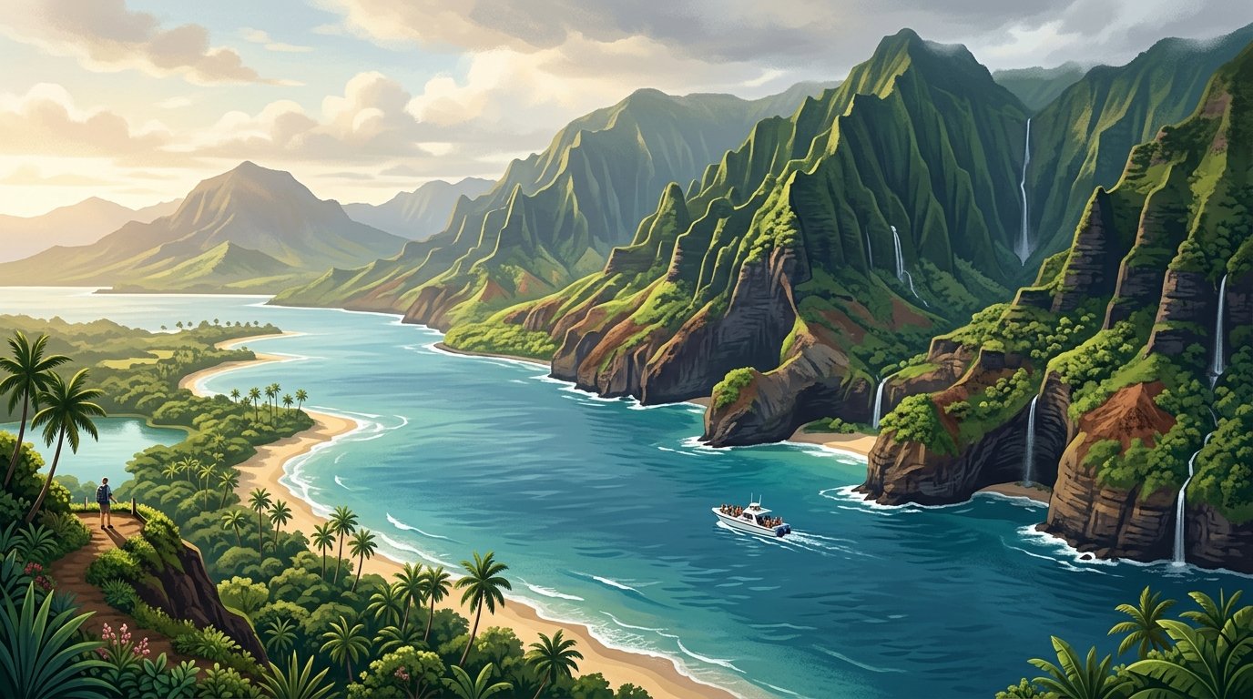 A boat travels beside the lush green cliffs and waterfalls of Kauai’s Nā Pali Coast.