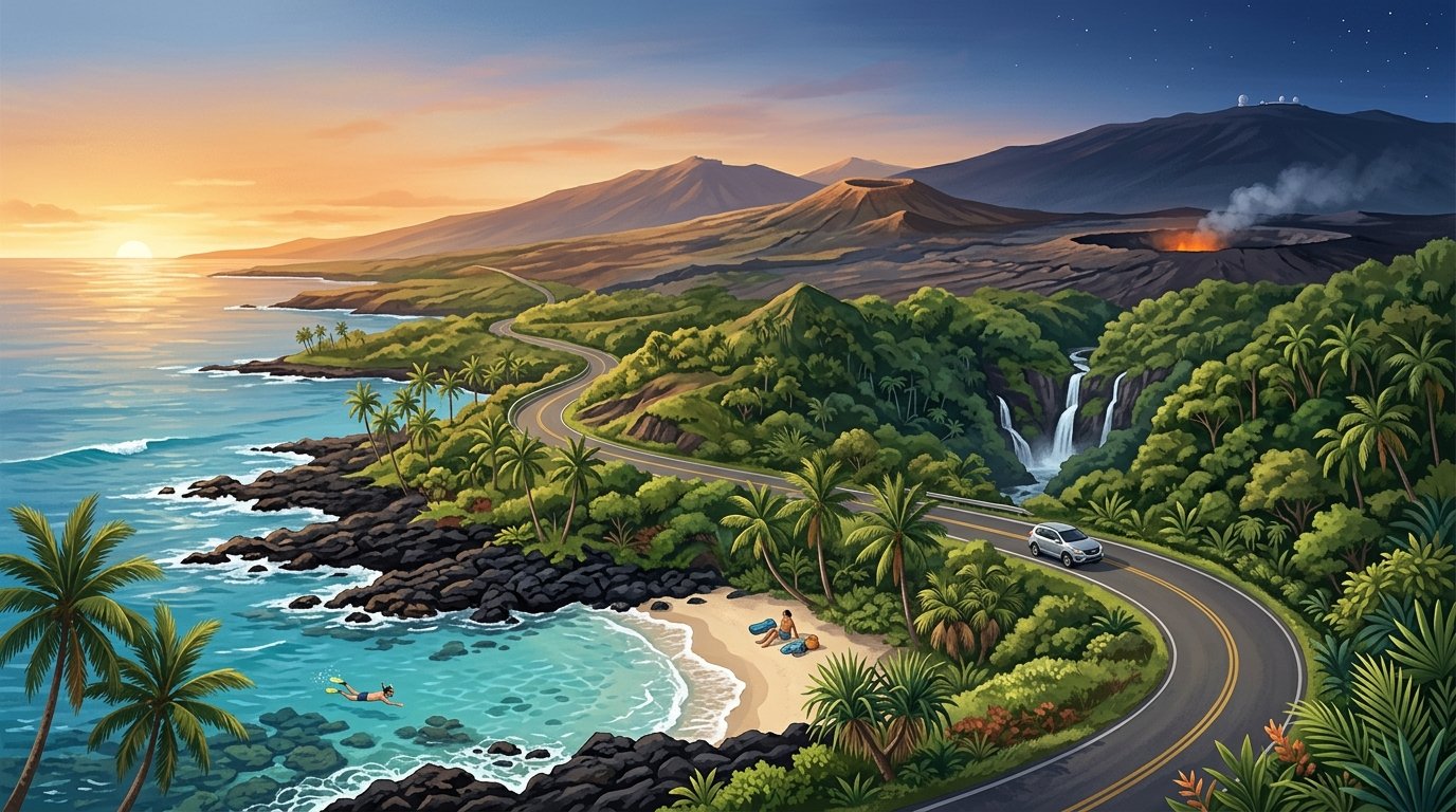 A scenic Big Island landscape with a tropical beach, volcanic rocks, mountains, a coastal road, and a glowing sunset.