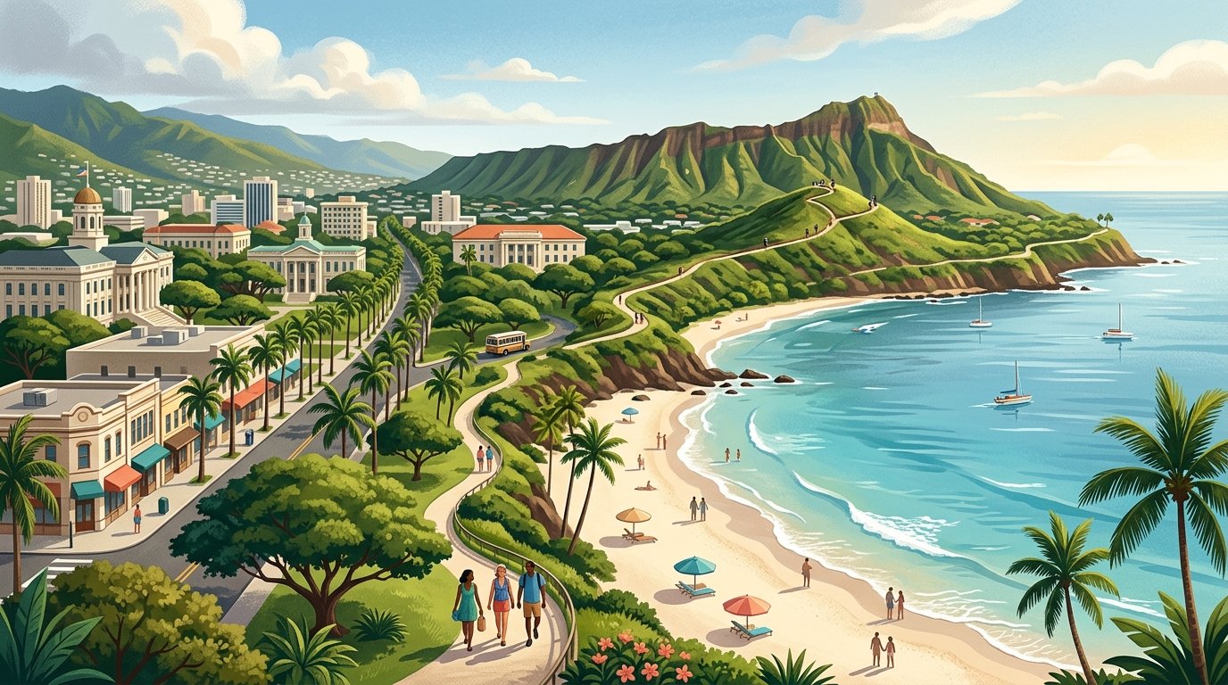 Waikiki Beach with Diamond Head and historic Honolulu buildings in the background.