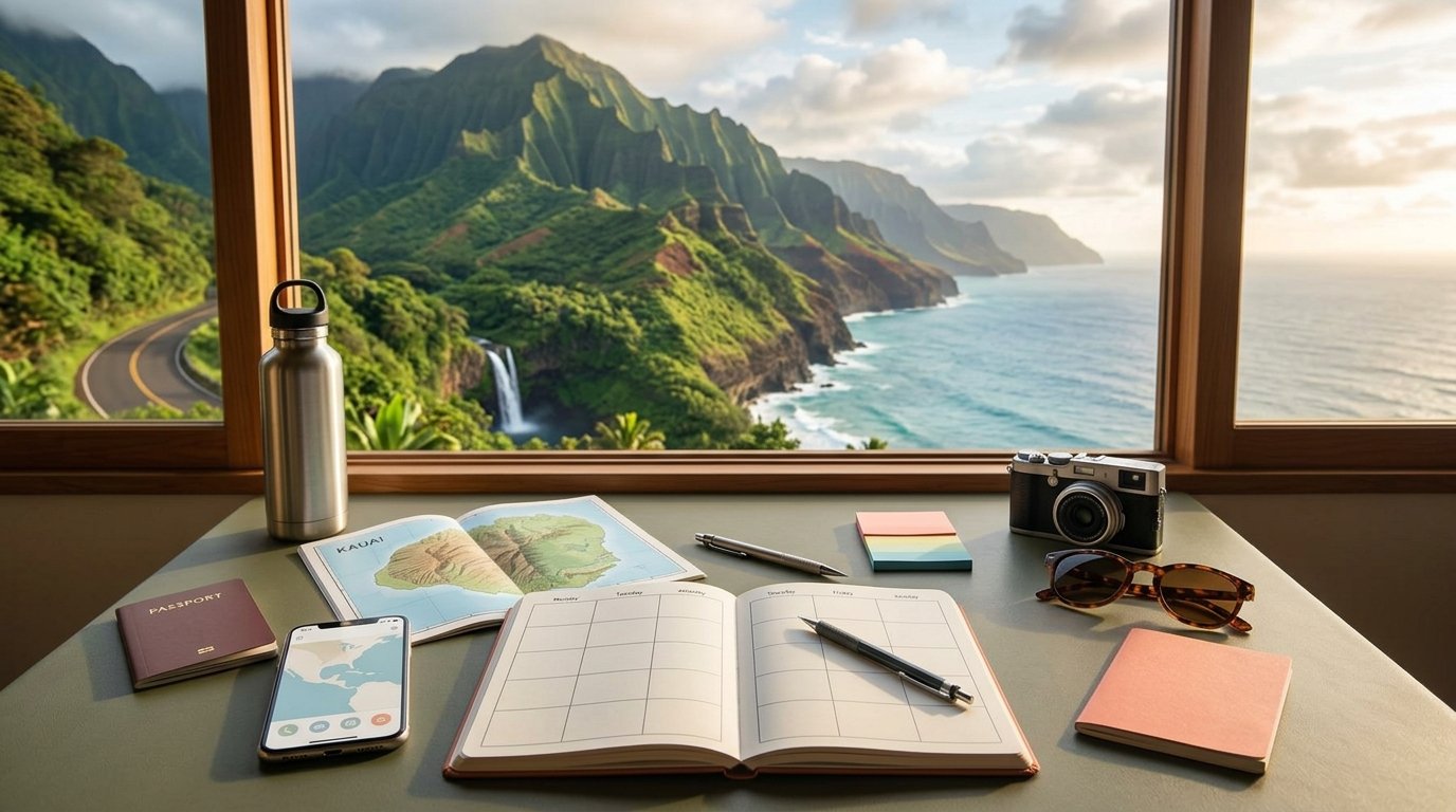 A neatly organized travel-planning desk overlooks Kauai’s green mountains, coastal cliffs, waterfalls, and blue ocean.
