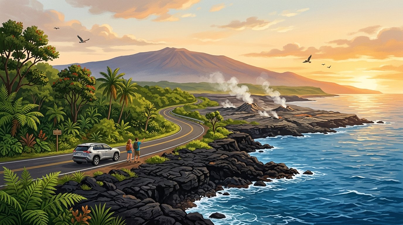 Scenic Big Island landscape with tropical coastline, volcanic terrain, rainforest, and a winding road at sunset.