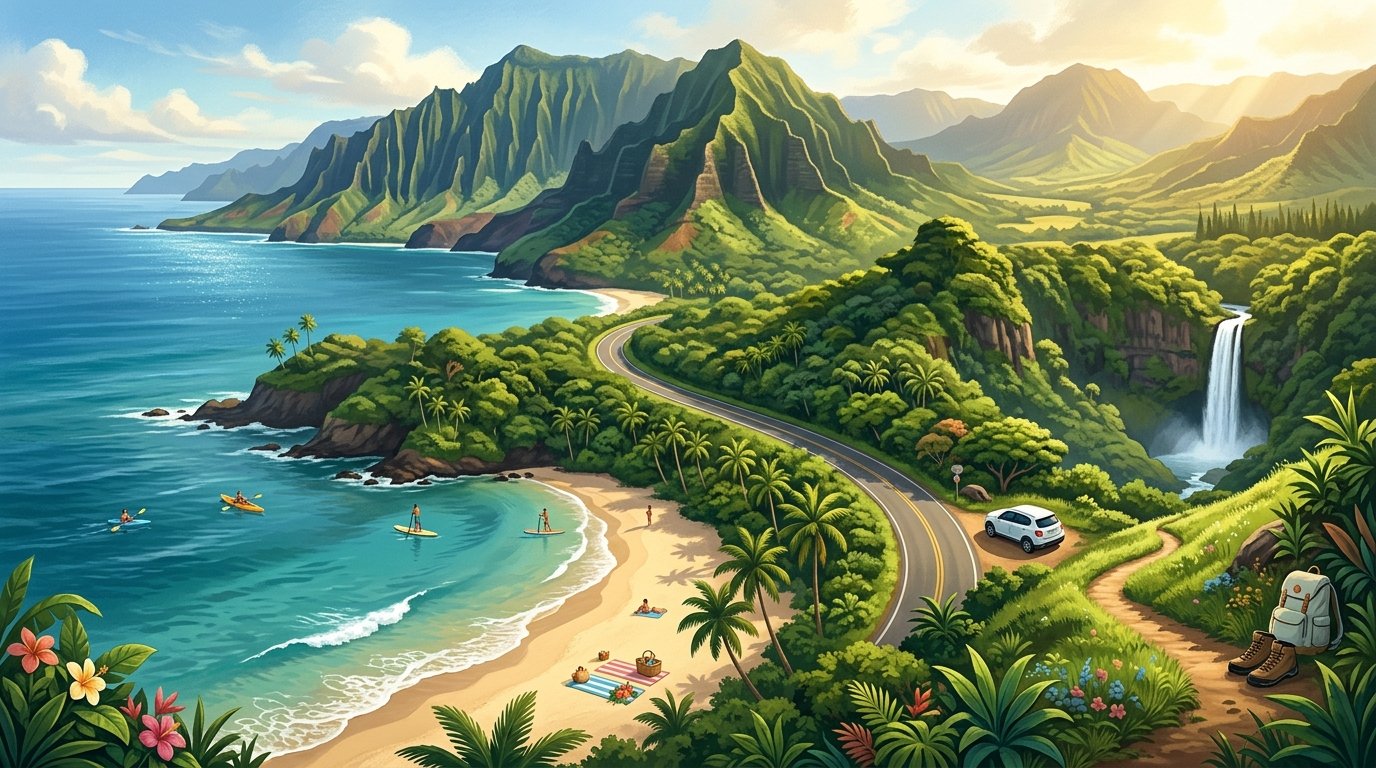A tropical Kauai landscape with mountains, beaches, a waterfall trail, and a scenic coastal road.