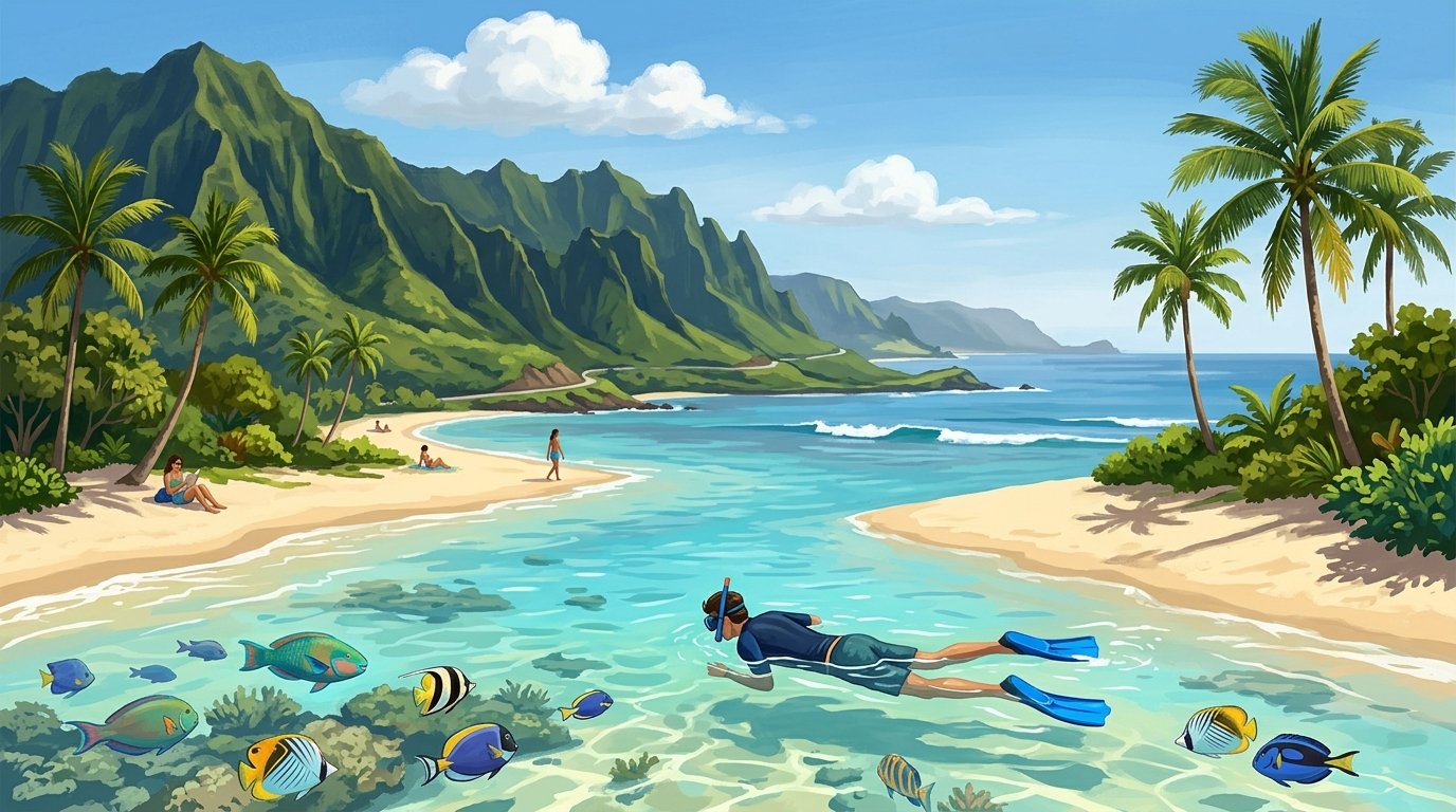 A snorkeler explores a clear turquoise lagoon beside a sandy beach, with tropical palms and green volcanic mountains along the coast.