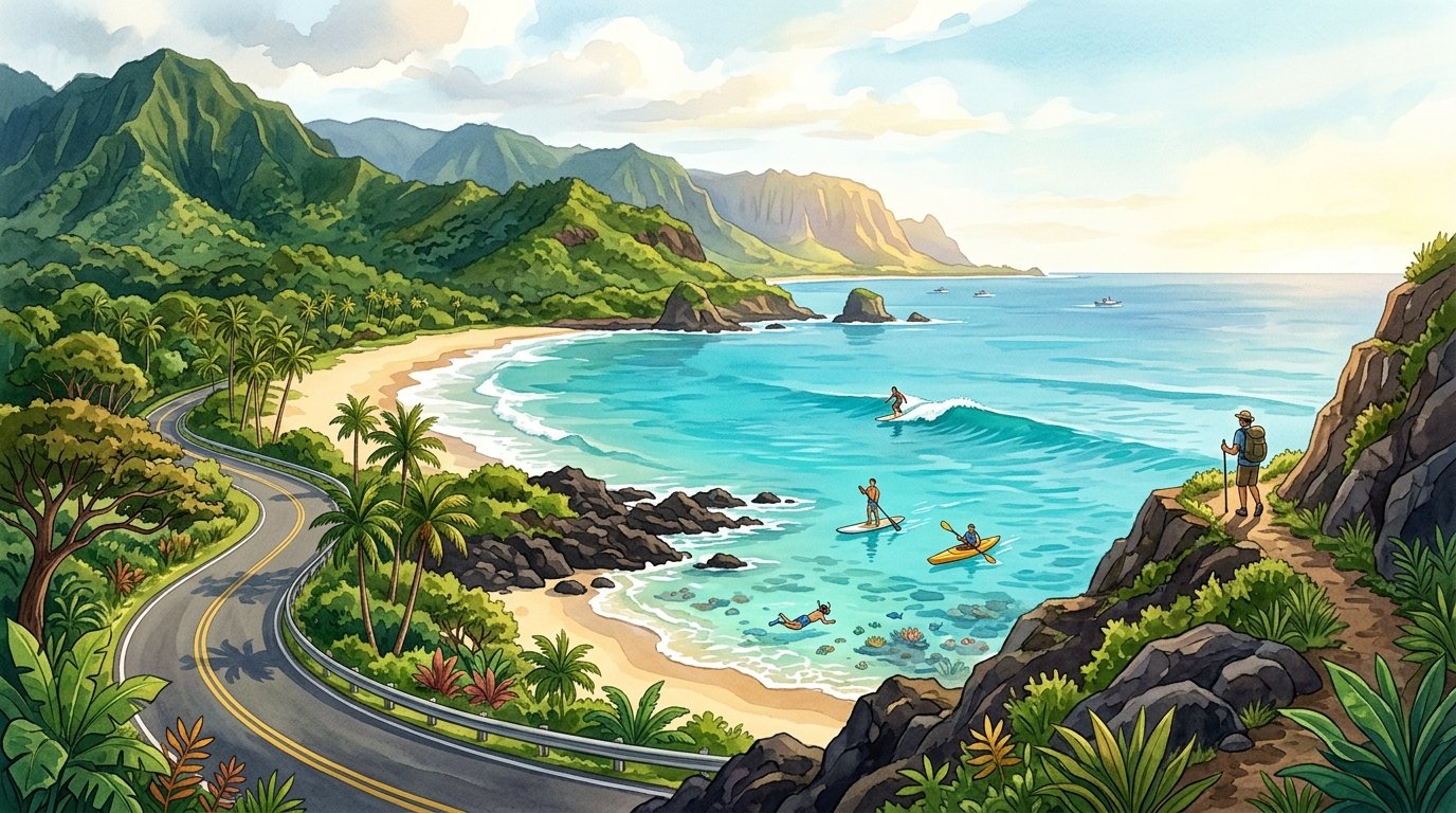 A tropical North Shore Oahu coastline with a beach, mountains, palm trees, surfers, paddlers, and a coastal hiker.