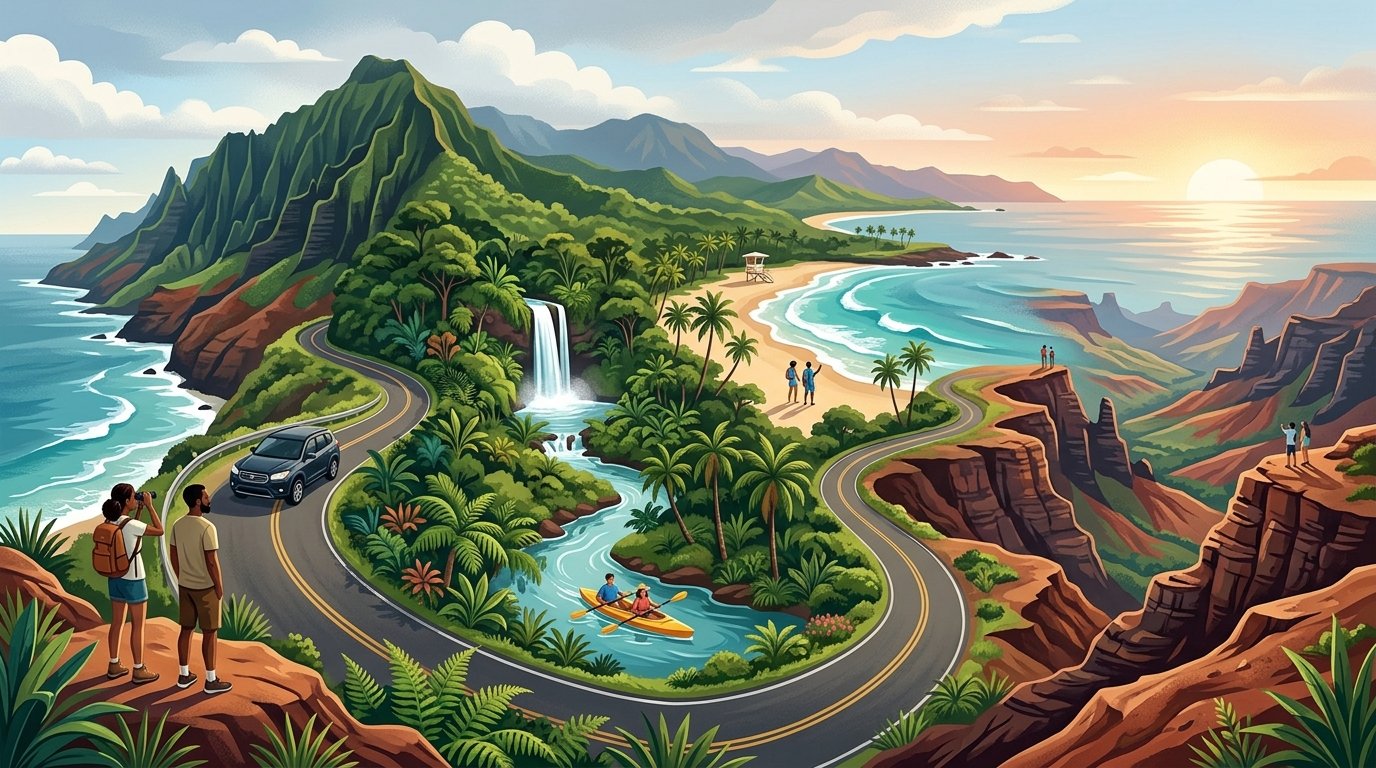 Travelers exploring Kauai’s beaches, rainforest, mountains, canyon, and coastline.