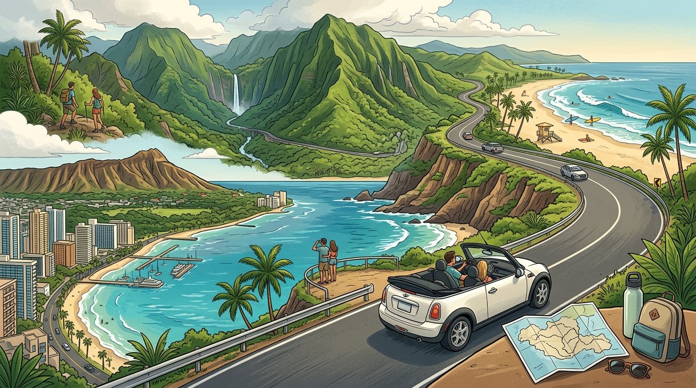 A rental car follows a scenic route past Honolulu, tropical mountains, beaches, and coastal viewpoints on Oahu.
