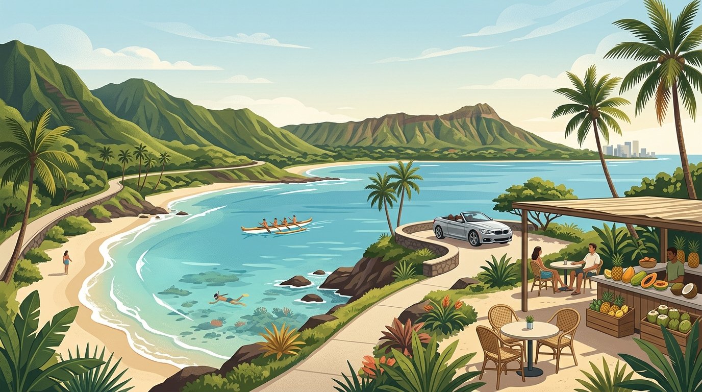 A relaxed tropical Oahu scene with a beach, turquoise ocean, Diamond Head, green mountains, palm trees, and people enjoying leisurely outdoor activities.