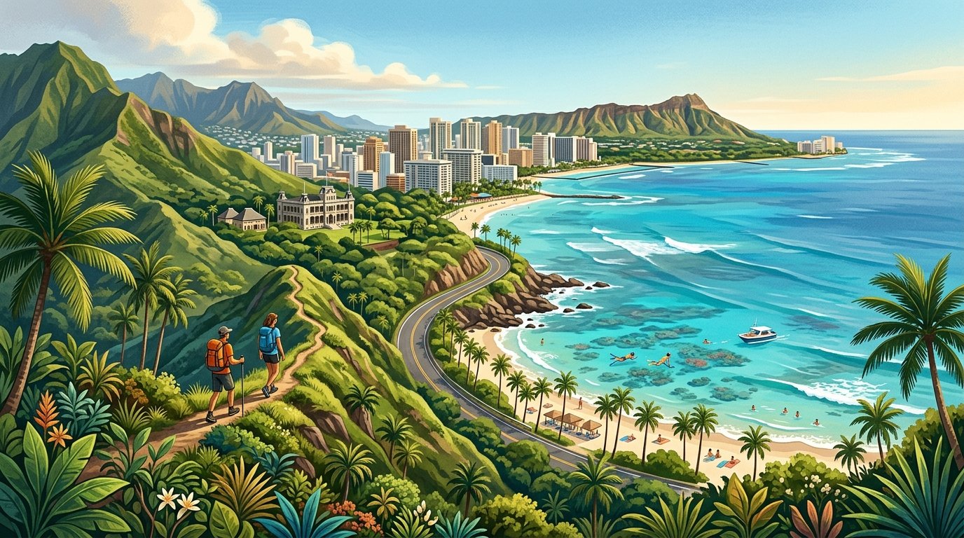 A tropical Oahu coastal landscape with Honolulu, Diamond Head, mountains, beaches, and turquoise ocean.