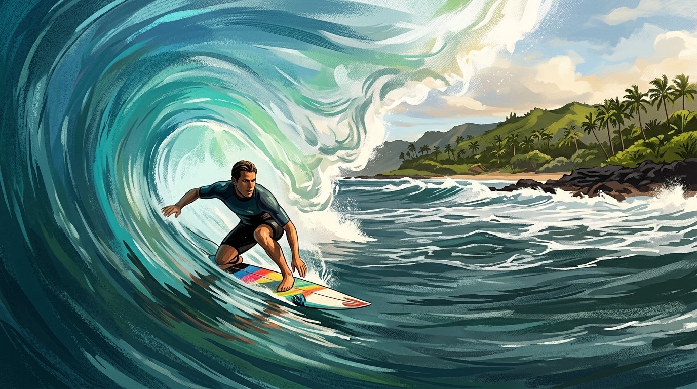 A surfer rides inside a large curling barrel wave off Oahu’s North Shore.