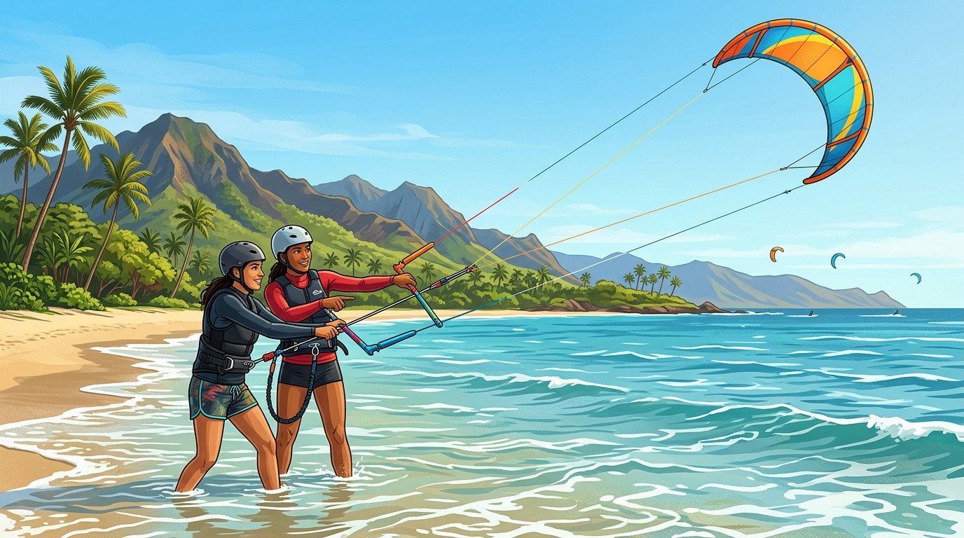 A beginner learns kite surfing from an instructor in the shallow waters off Maui, with a colorful kite overhead and a tropical shoreline in the background.
