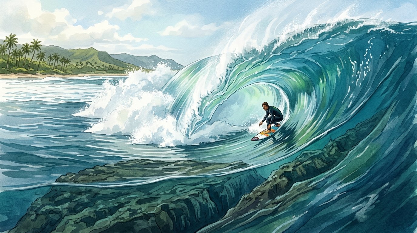 A surfer rides inside a hollow turquoise wave breaking over a shallow reef near Oahu.