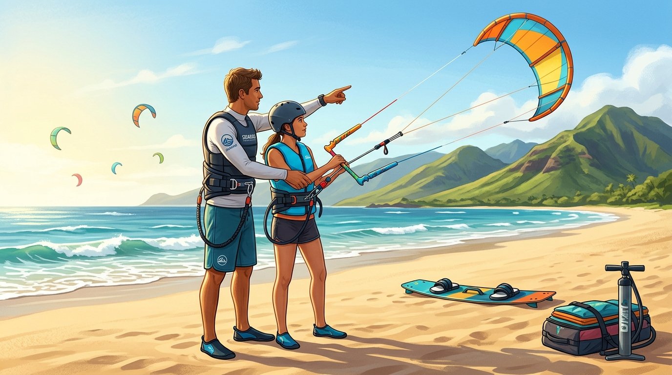 An instructor teaches a beginner how to control a kite at a sunny Maui beach.