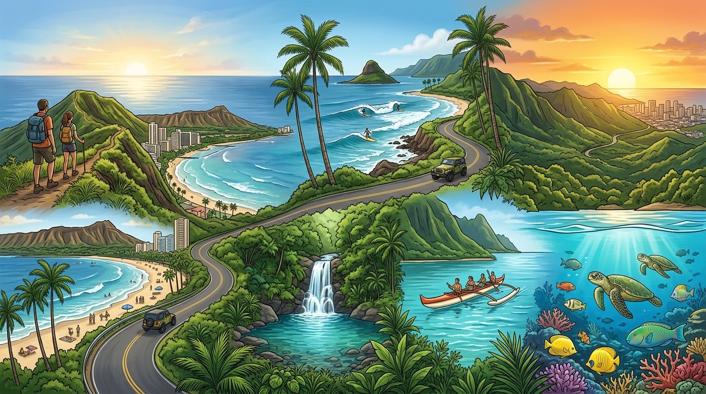 A scenic illustrated journey through Oahu featuring beaches, mountains, rainforest, ocean wildlife, and tropical coastal landscapes.