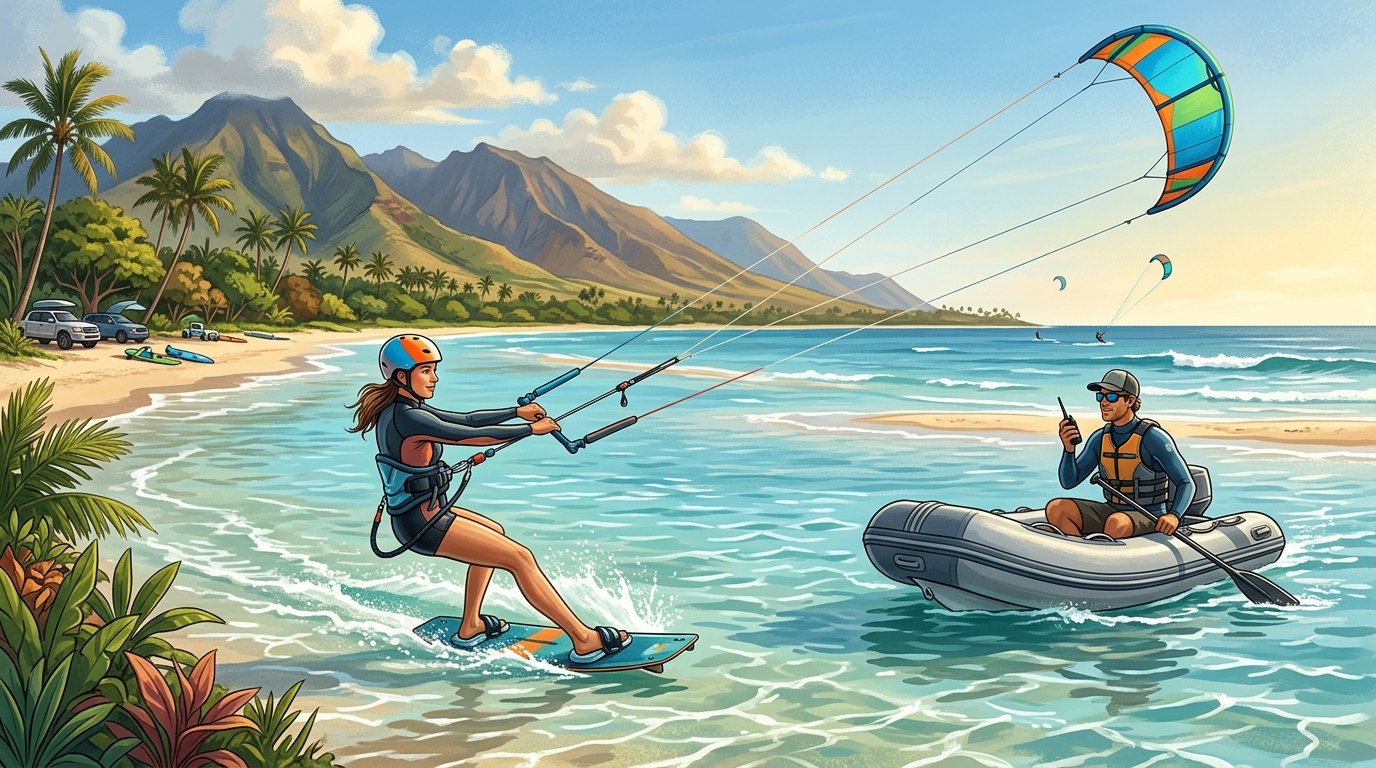A kite surfer practices in Maui waters with an instructor nearby and a colorful kite overhead.