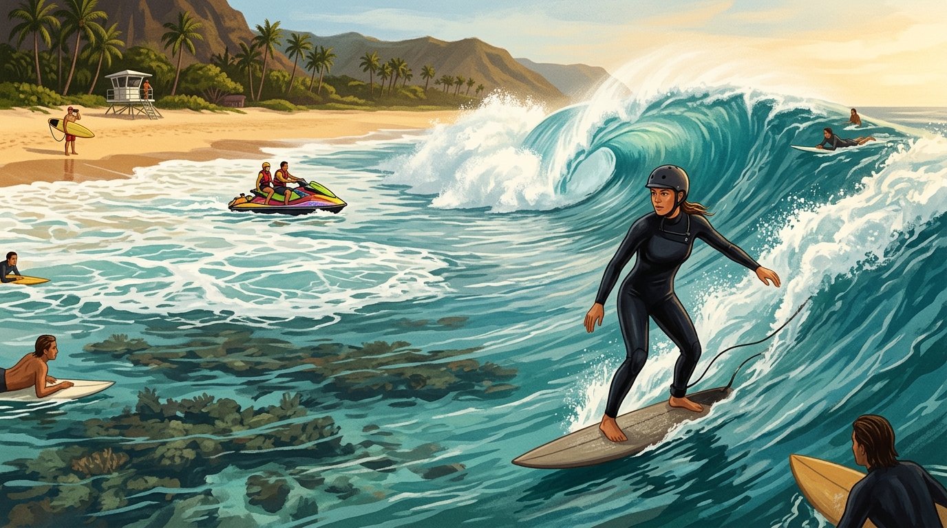 Experienced surfers approach a powerful Pipeline wave while keeping safe distance, with a lifeguard and rescue jet ski nearby.