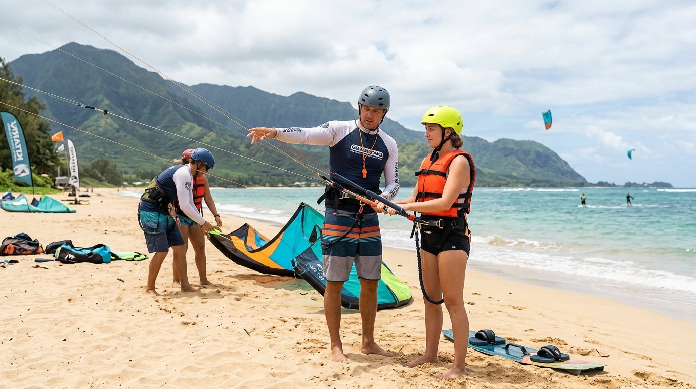 A kiteboarding instructor teaches a beginner safe practices on a Maui beach.