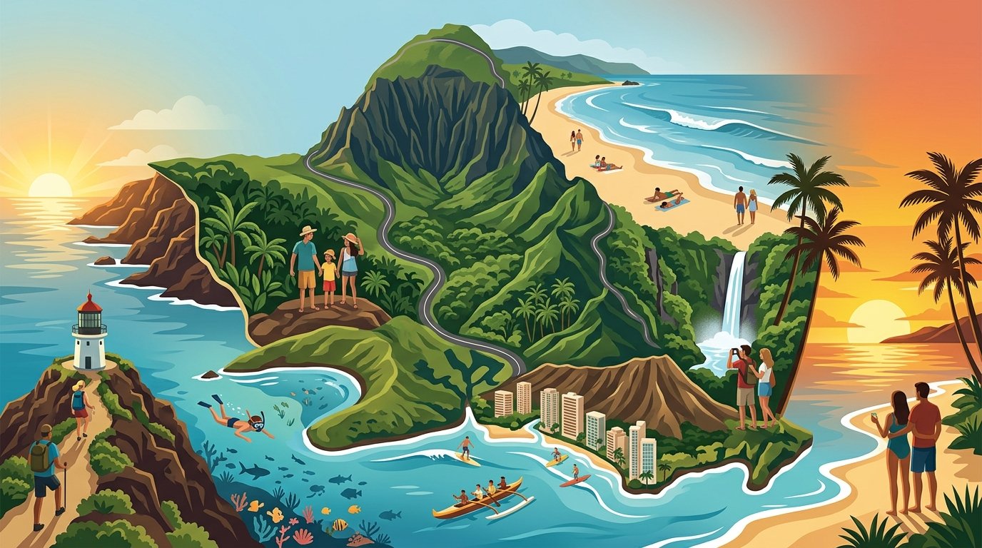 A scenic illustrated overview of Oahu featuring beaches, mountains, waterfalls, Diamond Head, a canoe, and travelers exploring the island.