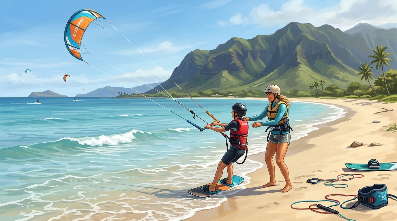 An instructor teaches a beginner to kite surf in the shallow turquoise water off a sunny Maui beach, with mountains and kites in the background.