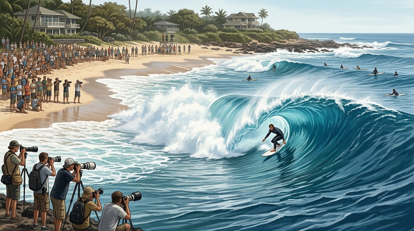 A surfer rides inside a powerful barrel wave at Oahu’s Banzai Pipeline while spectators and photographers watch from the shore.