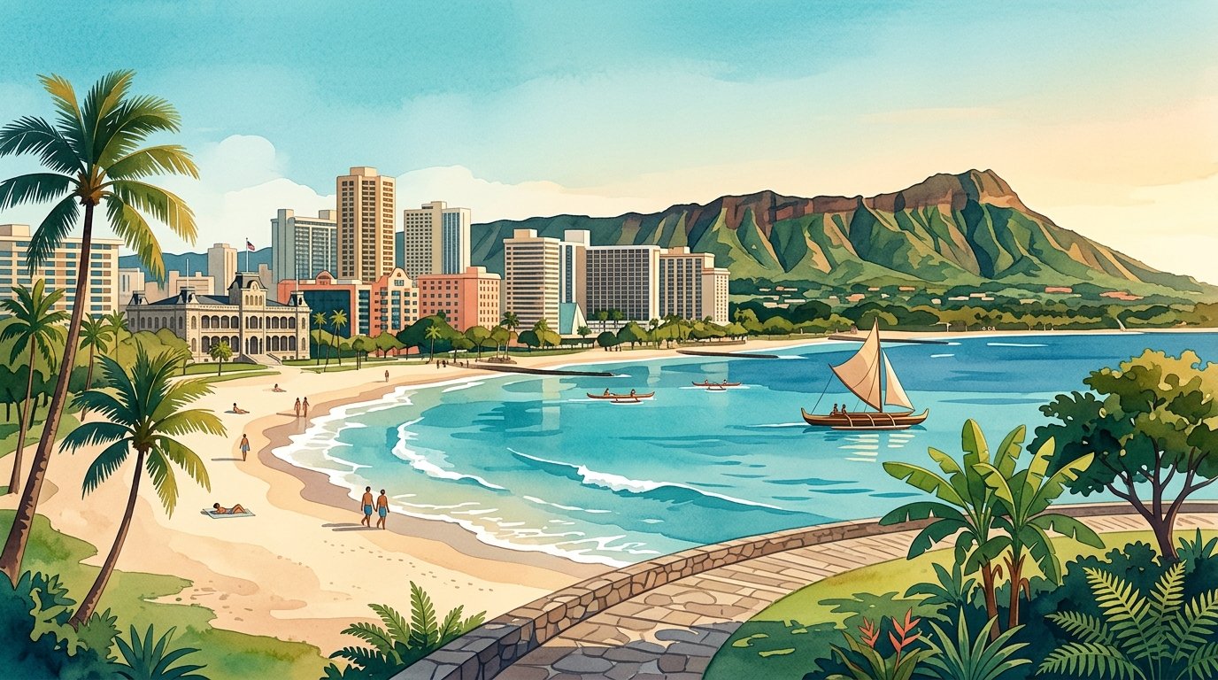 Waikīkī Beach with Diamond Head, outrigger canoes, palm trees, and historic Honolulu architecture in the background.