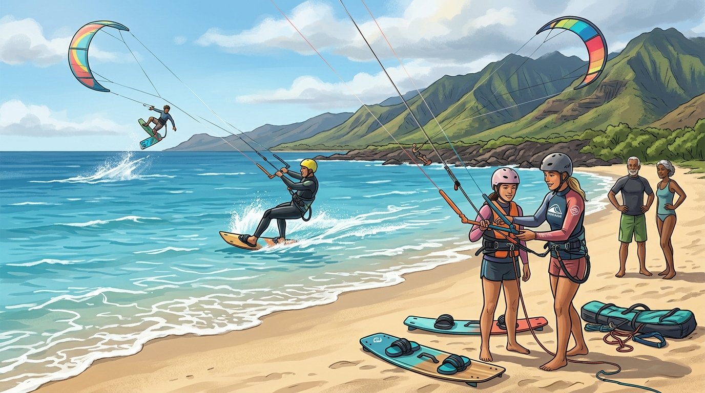 Kite surfers of different skill levels practice along a sunny Maui beach while an instructor guides a beginner near the shore.