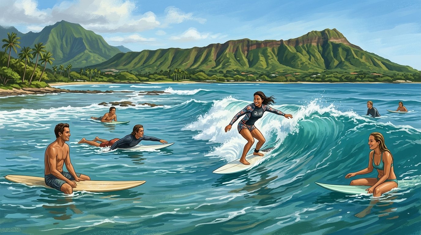 Surfers respectfully taking turns in the waves off Oahu, with tropical mountains and shoreline in the background.
