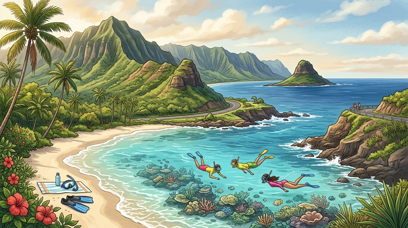 Snorkelers explore a turquoise lagoon along Oahu’s lush, mountainous windward coast.