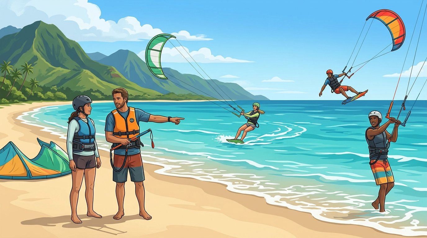 Kite surfers of different skill levels practice with an instructor along a sunny Maui beach.