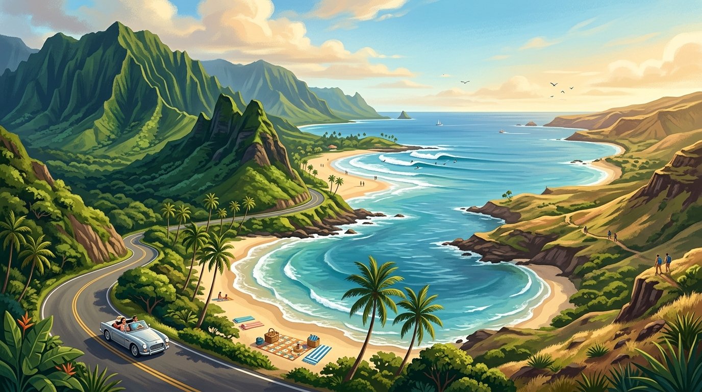 A scenic Oahu coastline with lush Kualoa mountains, a winding road, tropical beaches, surfers, and warm afternoon light.