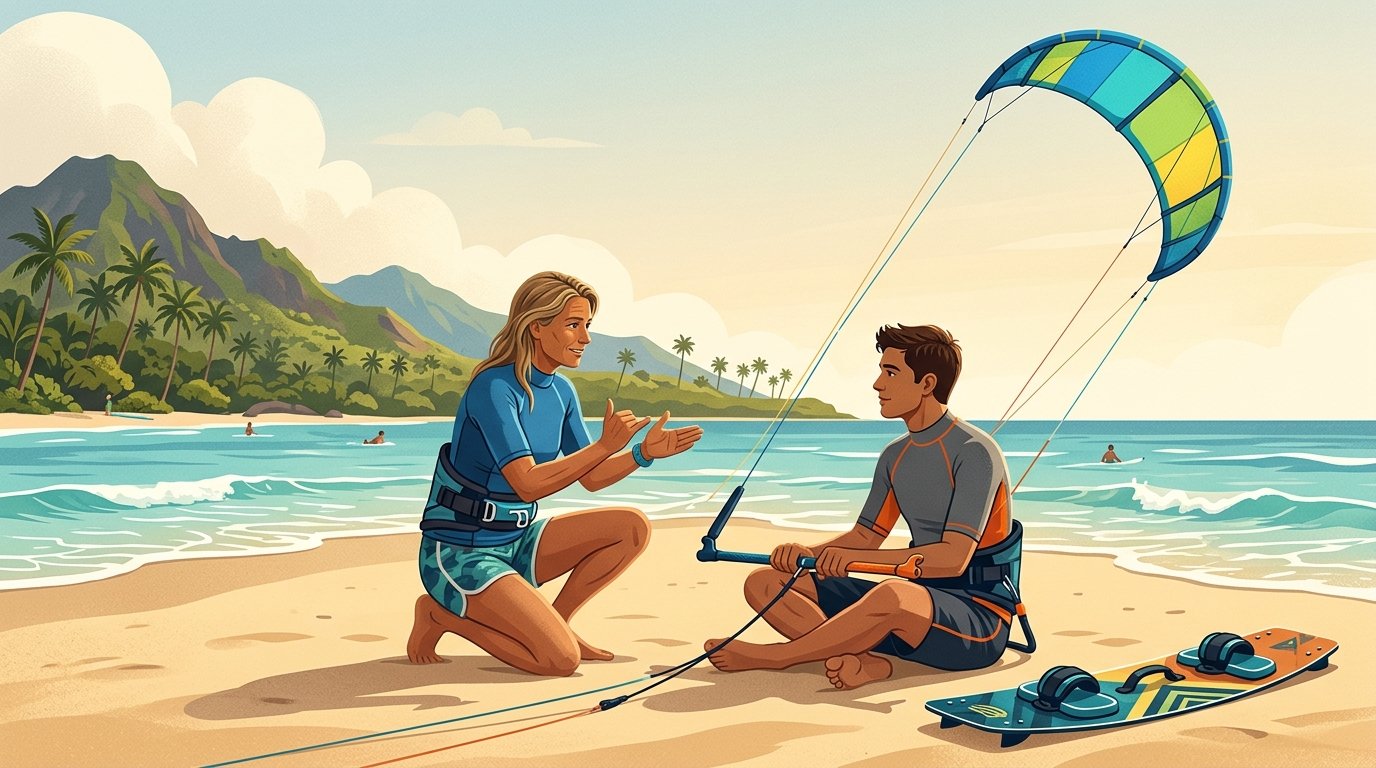 An instructor teaches a beginner to kite surf on a sunny Maui beach.