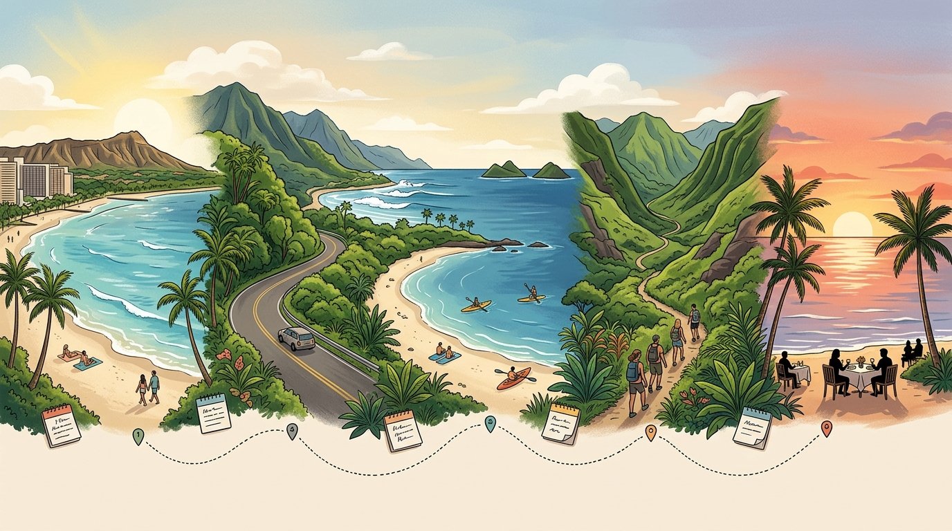 A scenic Oahu landscape combining Waikiki, tropical roads, beaches, mountains, and a hiking trail.