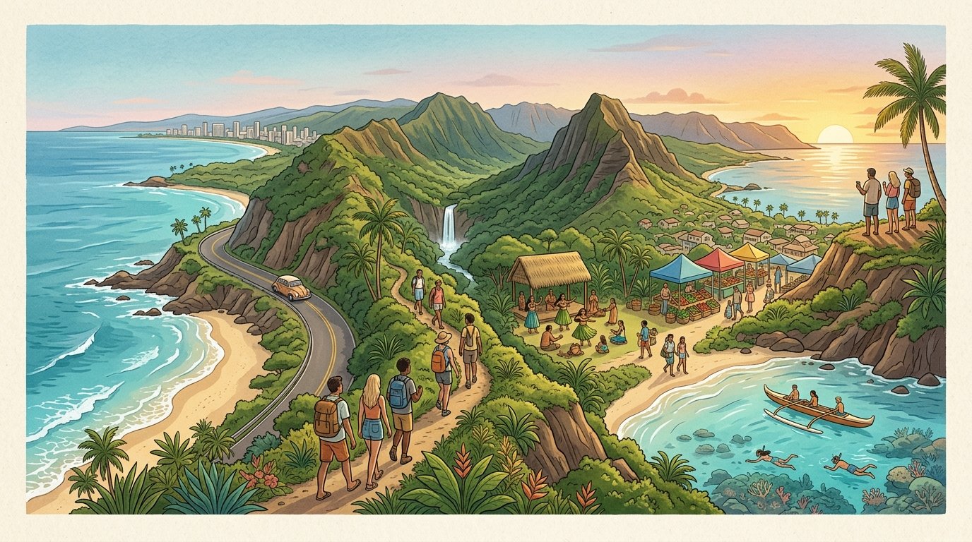 Travelers enjoy Oʻahu’s beaches, mountains, rainforest, and coastline during a relaxed island adventure.
