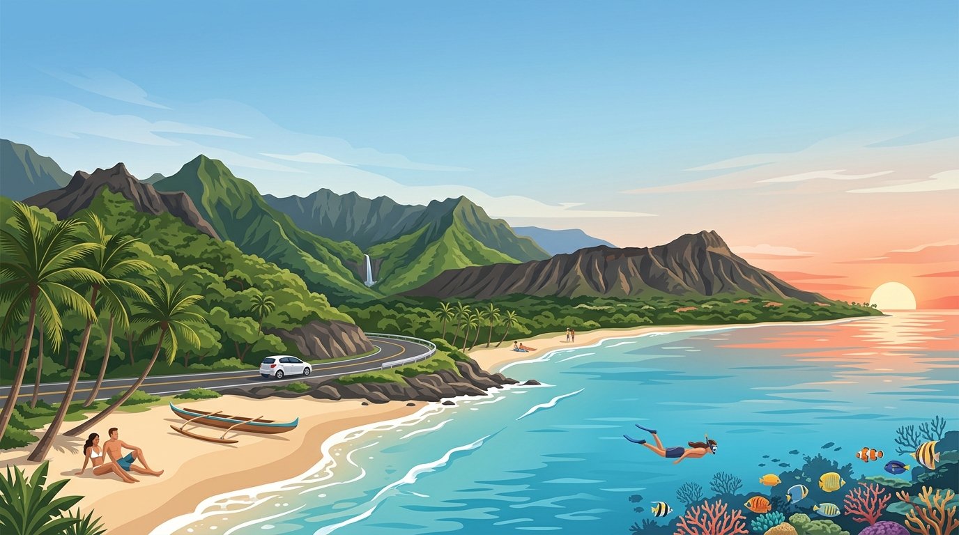 A tropical Oahu landscape with a beach, Diamond Head, mountains, ocean activities, and a coastal road.