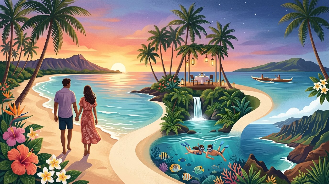 A couple walks hand in hand along a tropical Hawaiian beach at sunset, surrounded by palms, ocean, mountains, and romantic travel scenes.