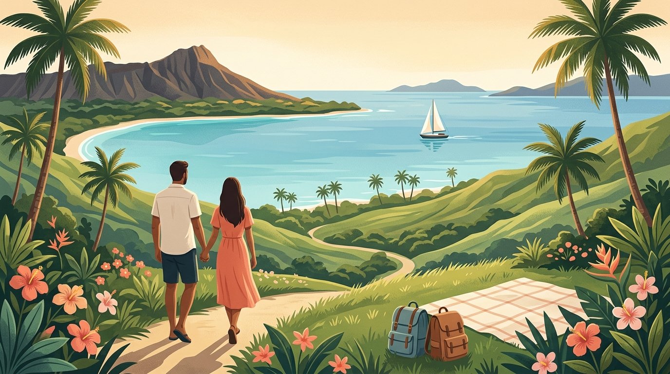 A couple walks hand in hand through a lush Hawaiian overlook above turquoise water, with volcanic islands and a small boat in the distance.