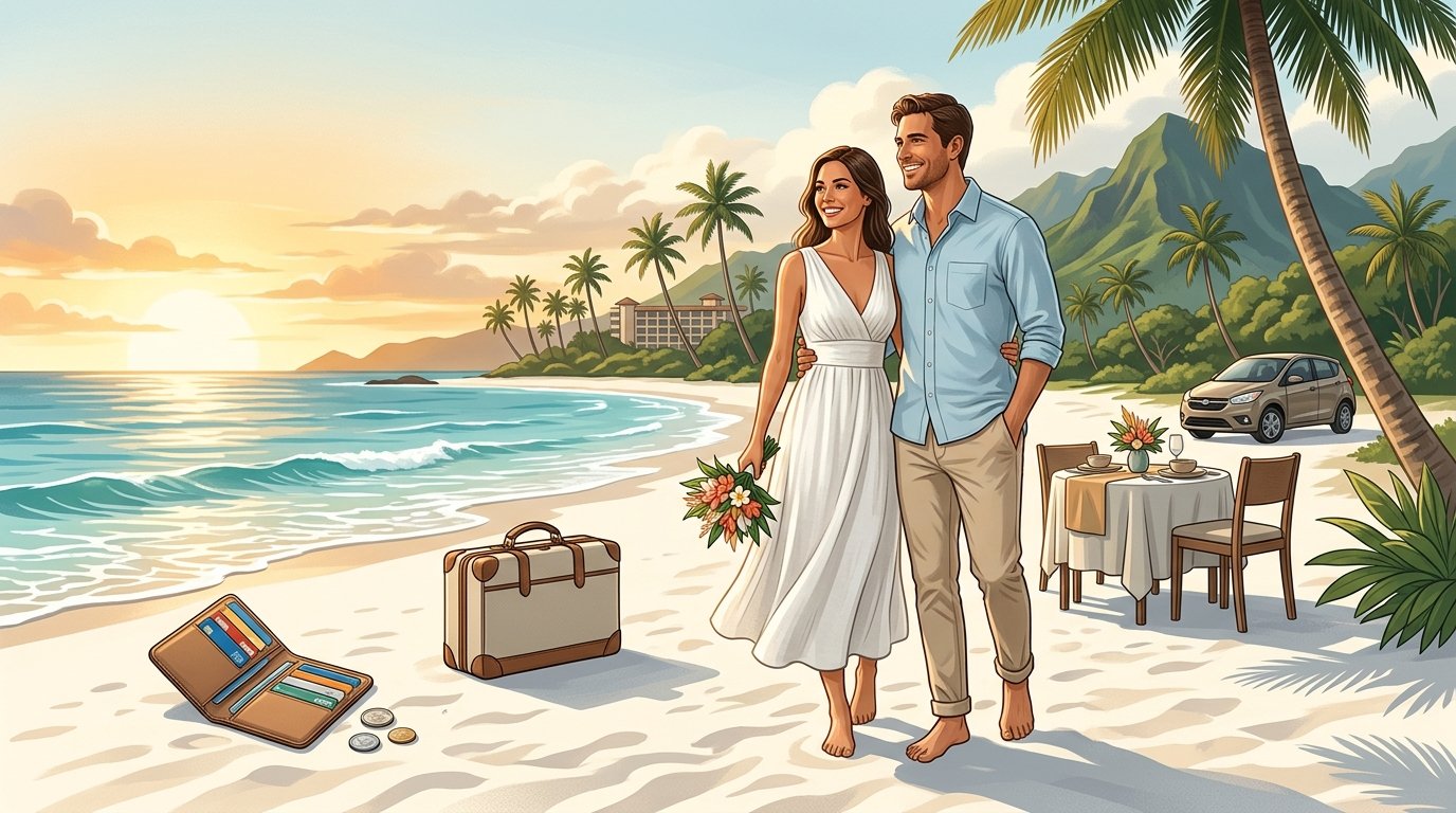A newlywed couple on a Hawaiian beach surrounded by travel, lodging, dining, and budgeting symbols.