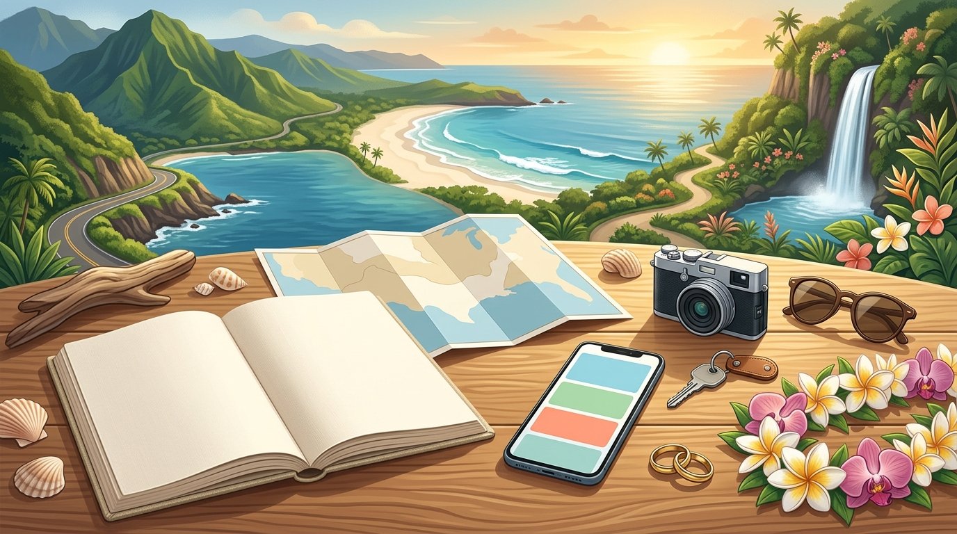 A romantic Hawaii travel-planning scene with blank itinerary pages, honeymoon accessories, tropical mountains, beaches, waterfalls, and a sunset ocean view.