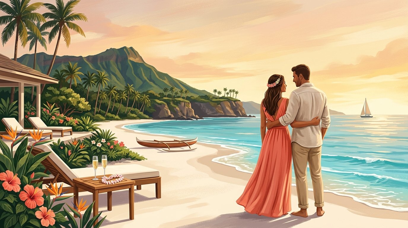 A honeymooning couple watches the sunset together on a scenic Hawaiian beach.