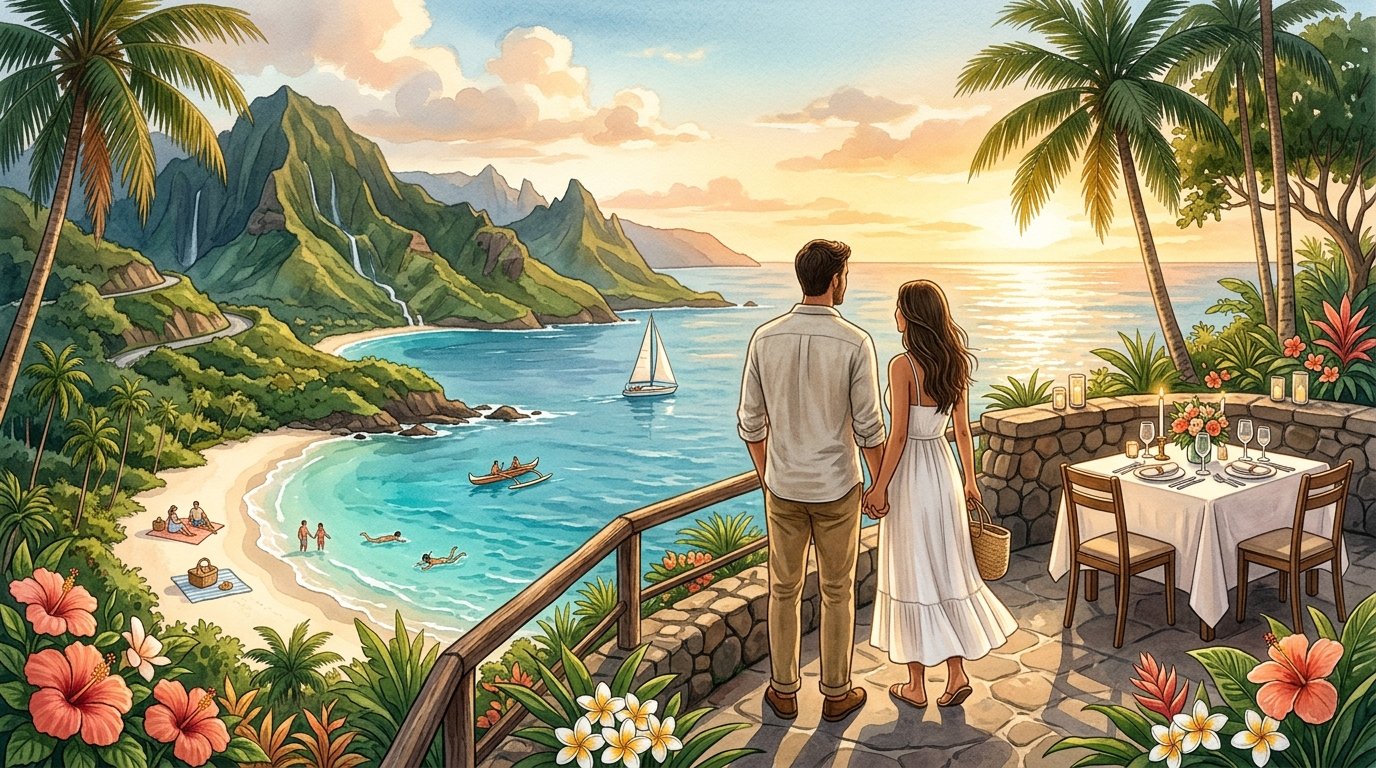 A newlywed couple holds hands while watching the sunset over a tropical Hawaiian coastline with a beach, mountains, sailboat, and romantic dinner setting.
