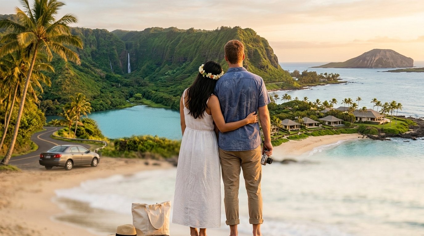 A newlywed couple stands on a Hawaiian beach overlooking tropical mountains, a lagoon, and a volcanic landscape.