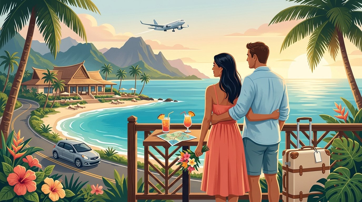 A couple plans a Hawaii honeymoon overlooking a tropical coast with an airplane, beachfront hotel, and rental car.