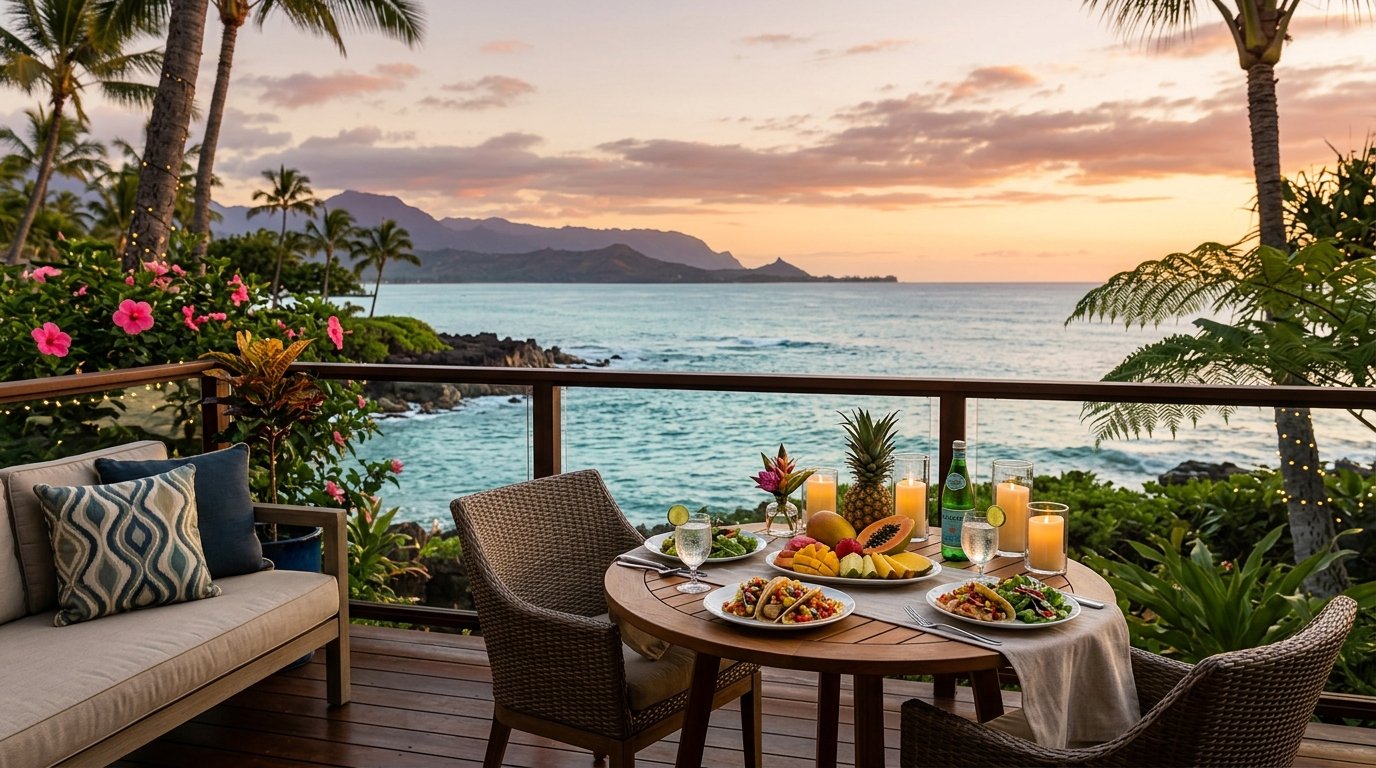 A romantic dinner for two on a tropical resort terrace overlooking the Hawaiian coast at sunset.