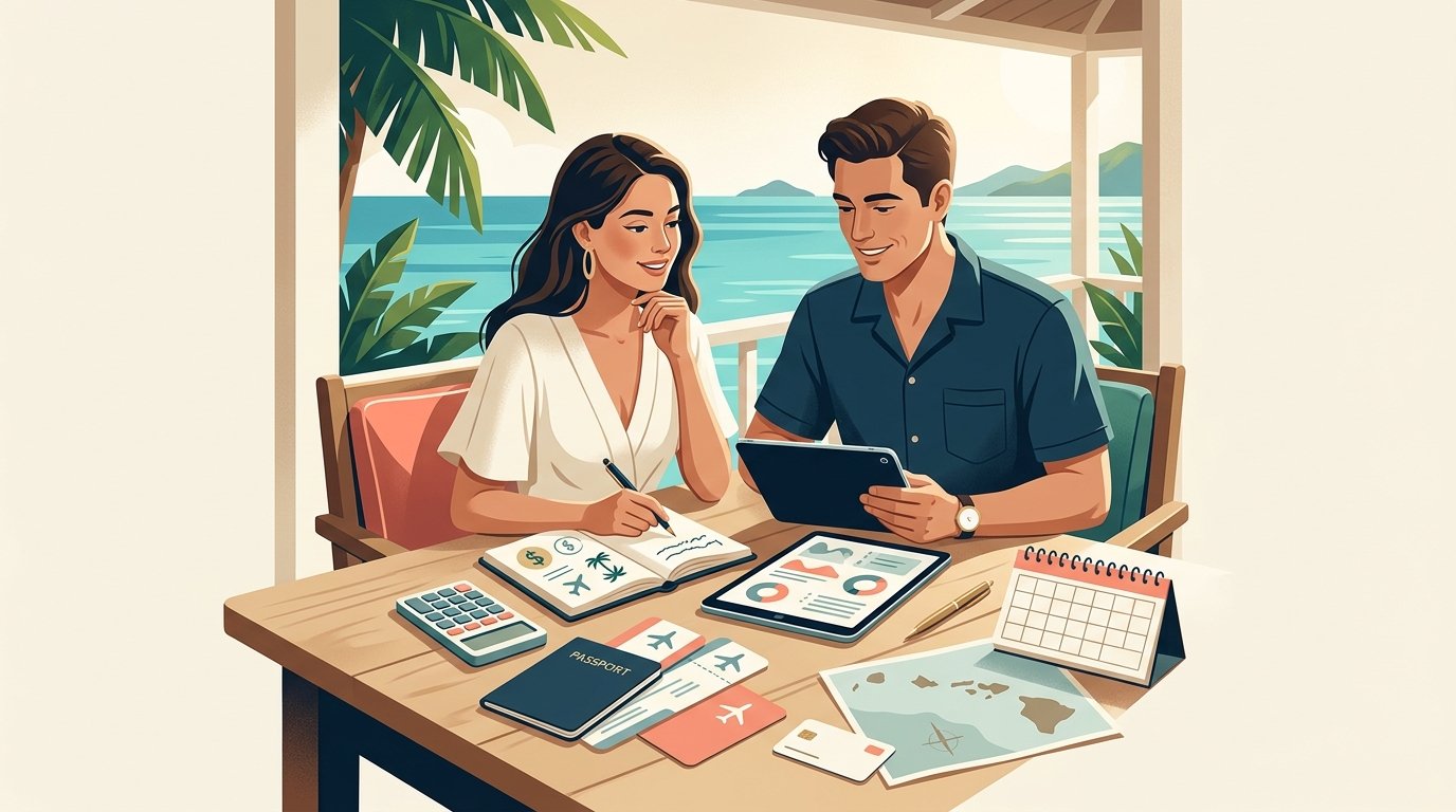 A couple plans their Hawaii honeymoon at a tropical table with a calendar, calculator, travel documents, and a map.