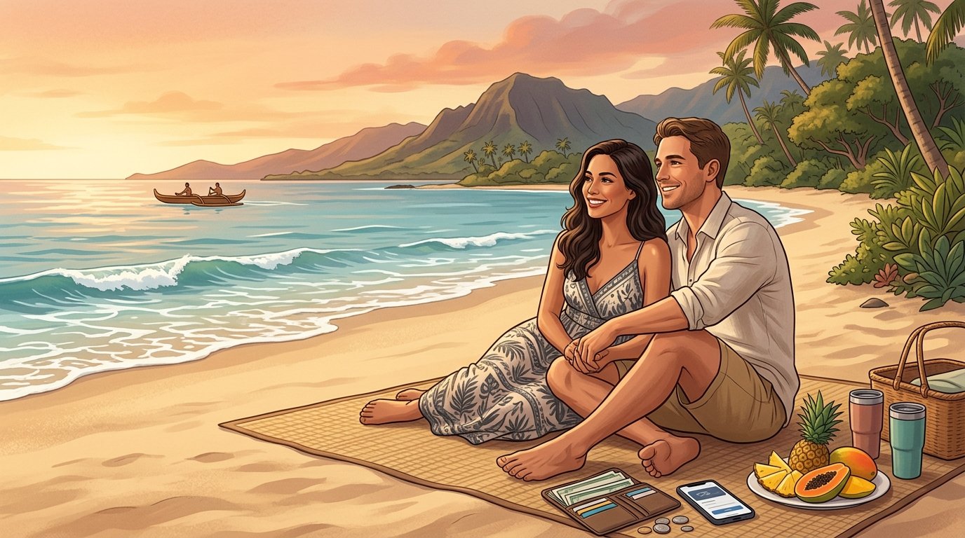 A newlywed couple shares a peaceful sunset picnic on a Hawaiian beach with mountains and tropical greenery nearby.