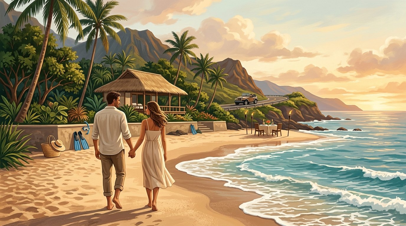 A newlywed couple walks along a tropical Hawaiian beach at sunset near a resort, mountains, and a scenic coastal road.